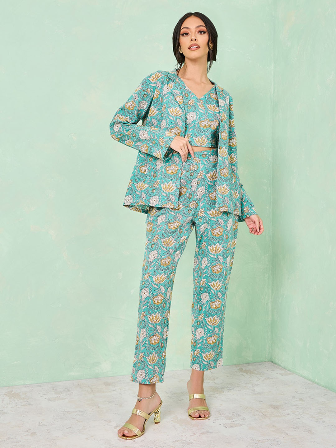 

Styli Floral Printed V-Neck Pure Cotton Top With Jacket & Trousers, Teal