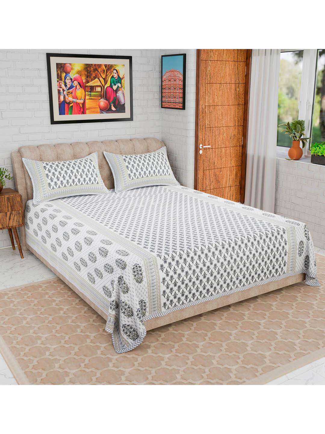 

CURIOUS LIFESTYLE White & Grey Printed Cotton 300 TC King Bedsheet with 2 Pillow Covers