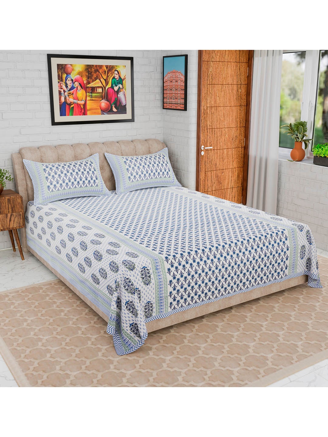 

CURIOUS LIFESTYLE Blue & White Floral Cotton 300 TC King Bedsheet with 2 Pillow Covers