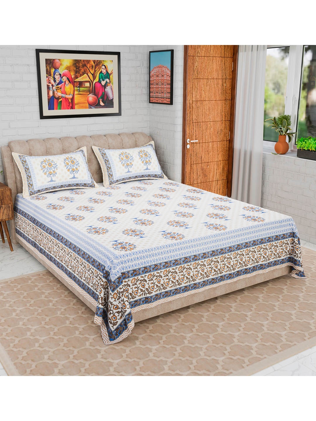 

CURIOUS LIFESTYLE Peach-Coloured Floral Cotton 300 TC King Bedsheet & 2 Pillow Covers