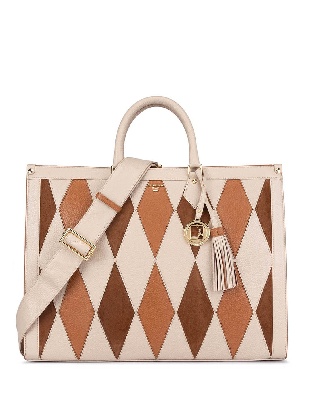 

Da Milano Printed Leather Oversized Bowling Handheld Bag with Cut Work, White