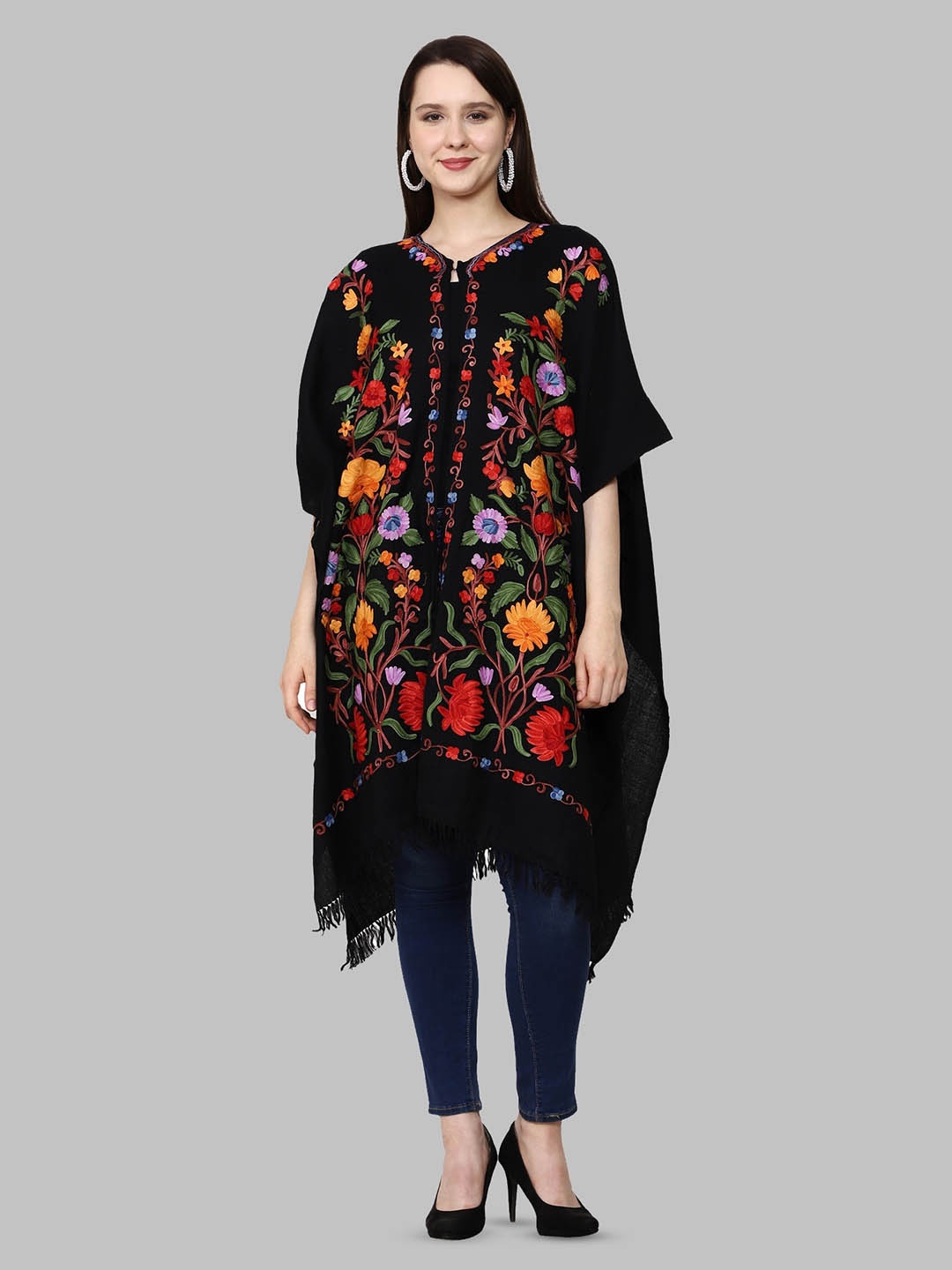 

CRAFTBAZAR Floral Embroidered Woollen Longline Poncho, Black