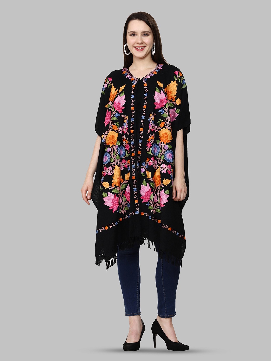 

CRAFTBAZAR Floral Embroidered Woollen Longline Poncho, Black