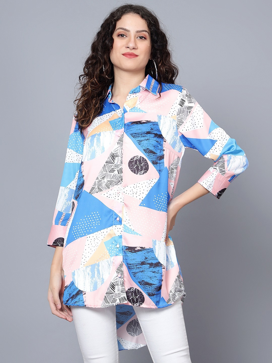 

ANVI Be Yourself Blue New Tailored Fit Printed Satin Casual Shirt