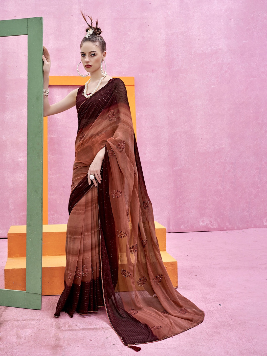 

KALINI Brown Embellished Sequinned Pure Georgette Saree