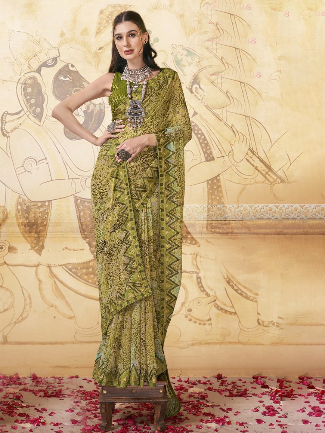 

KALINI Green Floral Embroidered Pure Georgette Saree