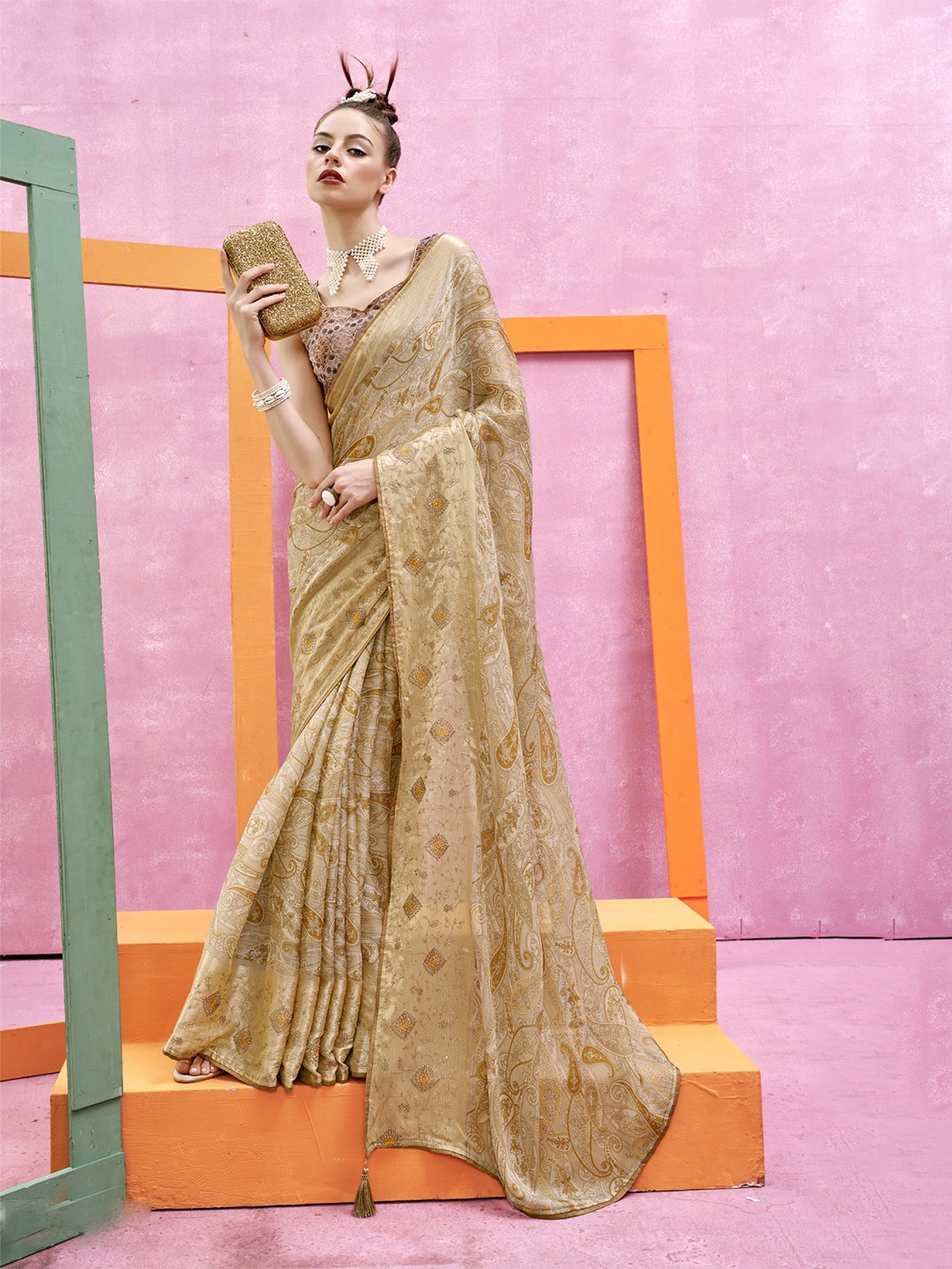 

KALINI Brown & Yellow Ethnic Motifs Embroidered Pure Chiffon Saree
