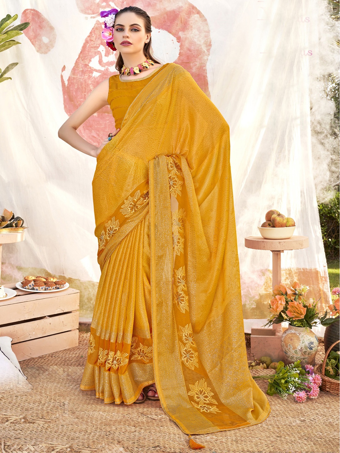 

KALINI Bandhani Embroidered Brasso Saree, Yellow