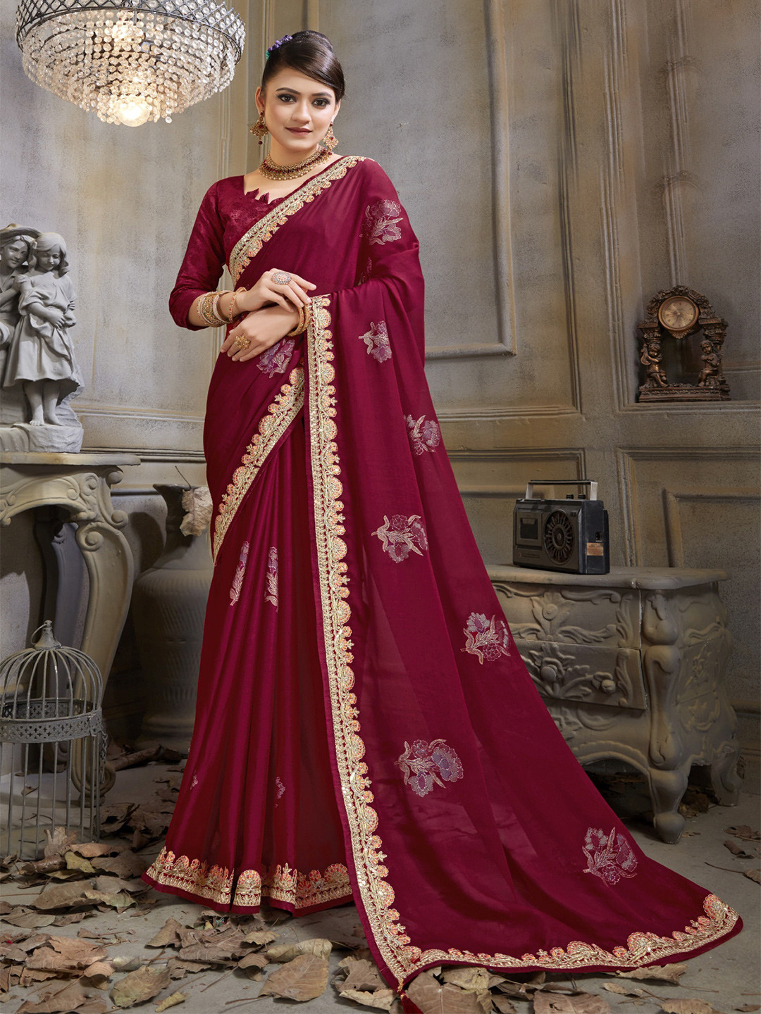 

KALINI Floral Embroidered Saree, Maroon