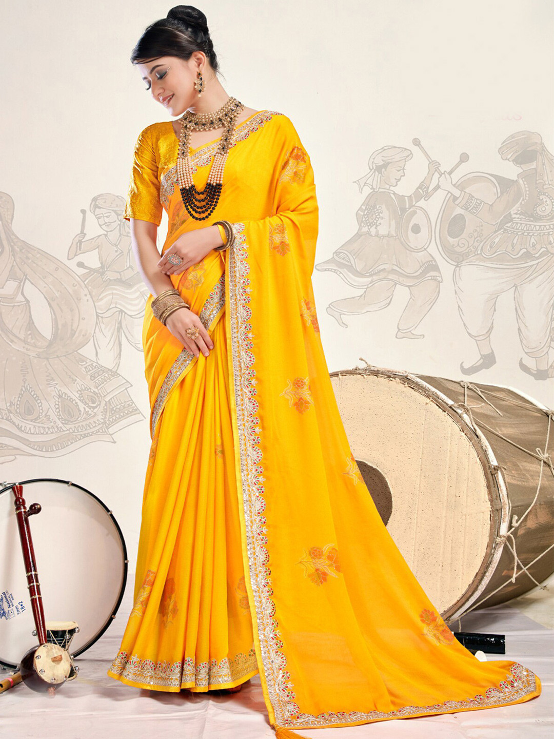

KALINI Floral Printed Embroidered Saree, Yellow