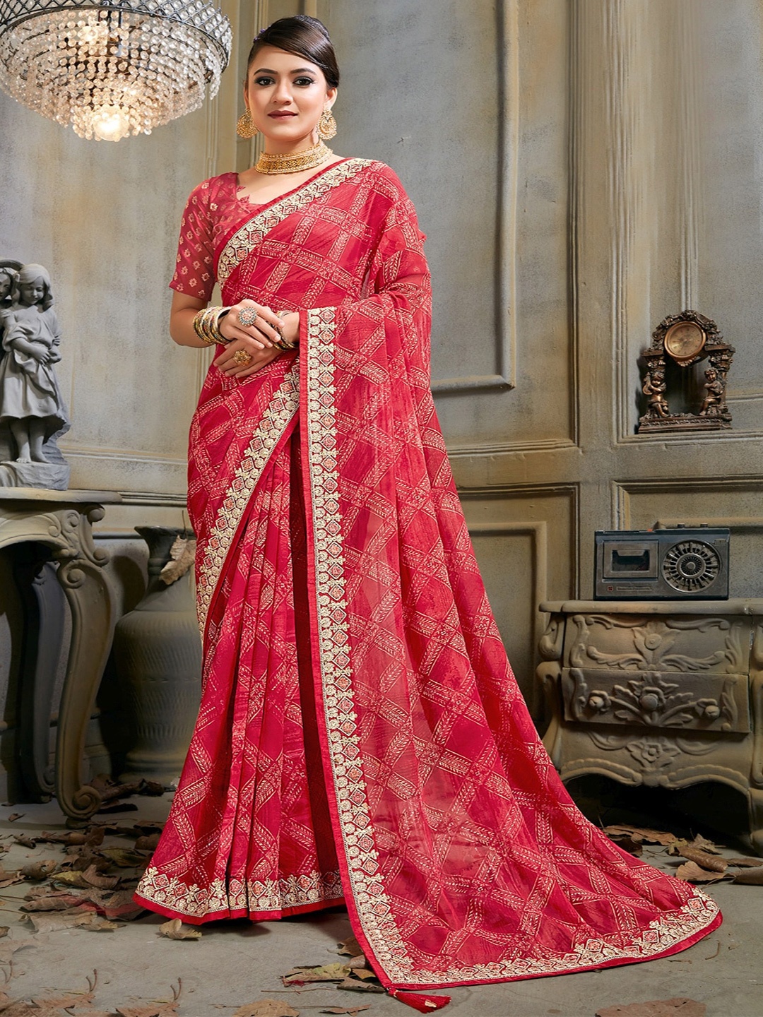 

KALINI Ethnic Motifs Printed Embroidered Pure Georgette Saree, Red