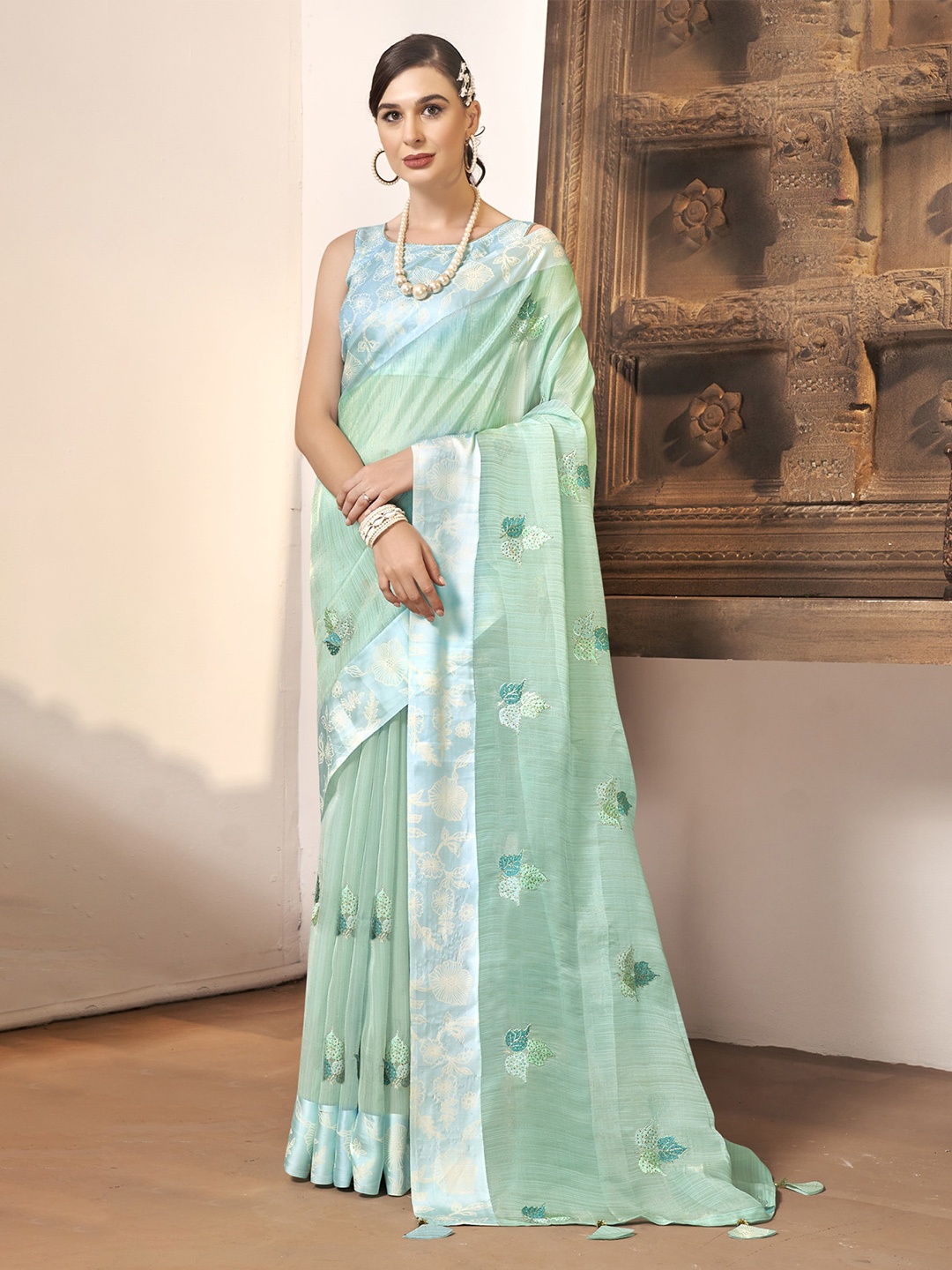 

KALINI Floral Embroidered Organza Saree, Turquoise blue