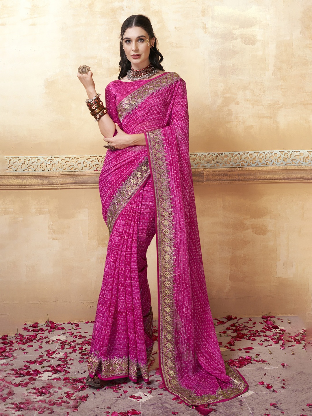 

KALINI Bandhani Printed Beads & Stones Pure Georgette Saree, Pink