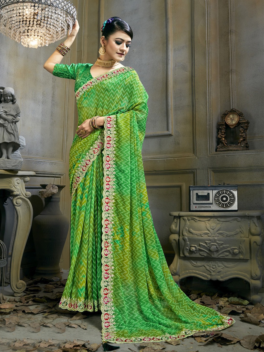 

KALINI Bandhani Printed Embroidered Pure Georgette Saree, Green