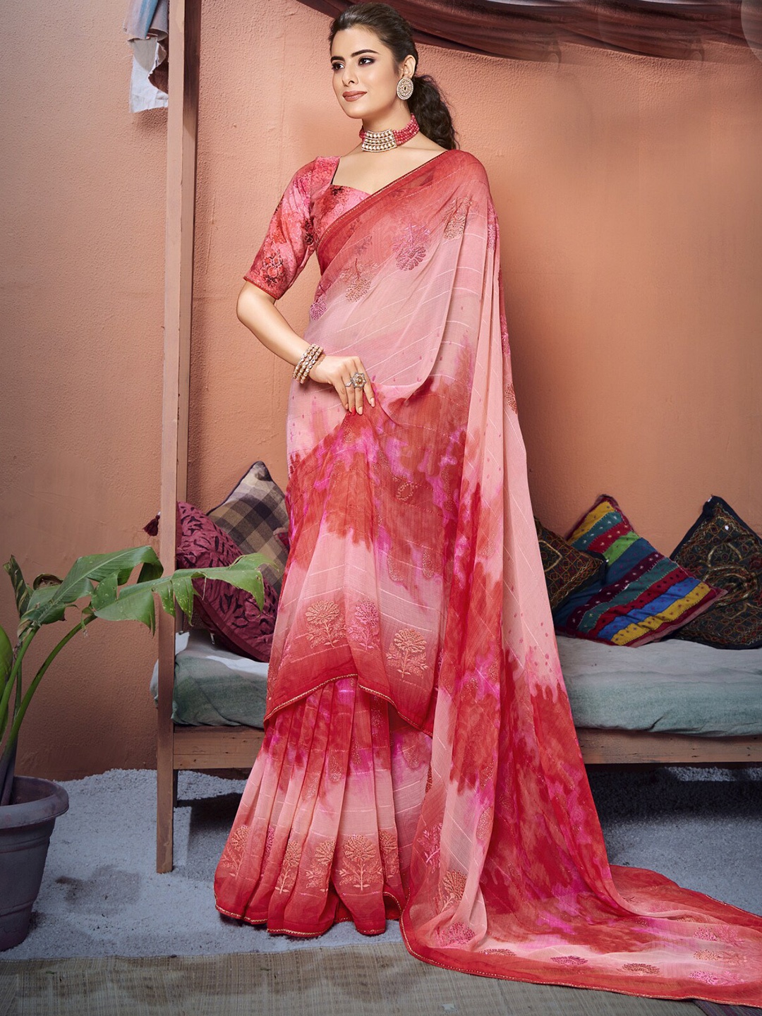 

KALINI Abstract Printed Embroidered Pure Georgette Saree, Red