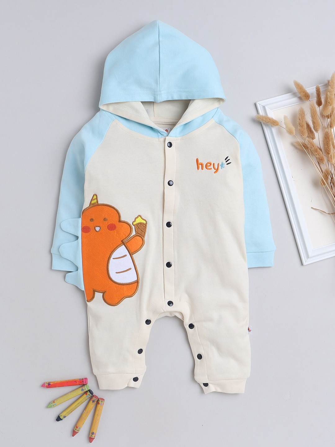 

BUMZEE Infant Boys Hooded Cotton Rompers, Beige