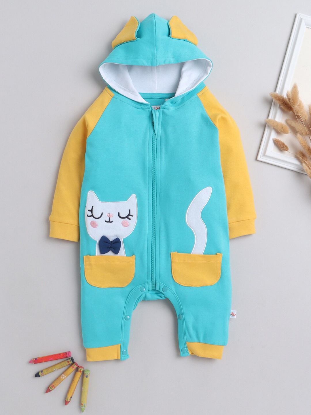 

BUMZEE Infant Girls Hooded Pure Cotton Rompers, Turquoise blue