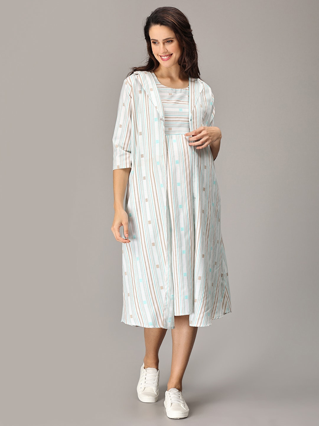 

The Mom Store Striped A-Line Midi Maternity Dress With Jacket, Green