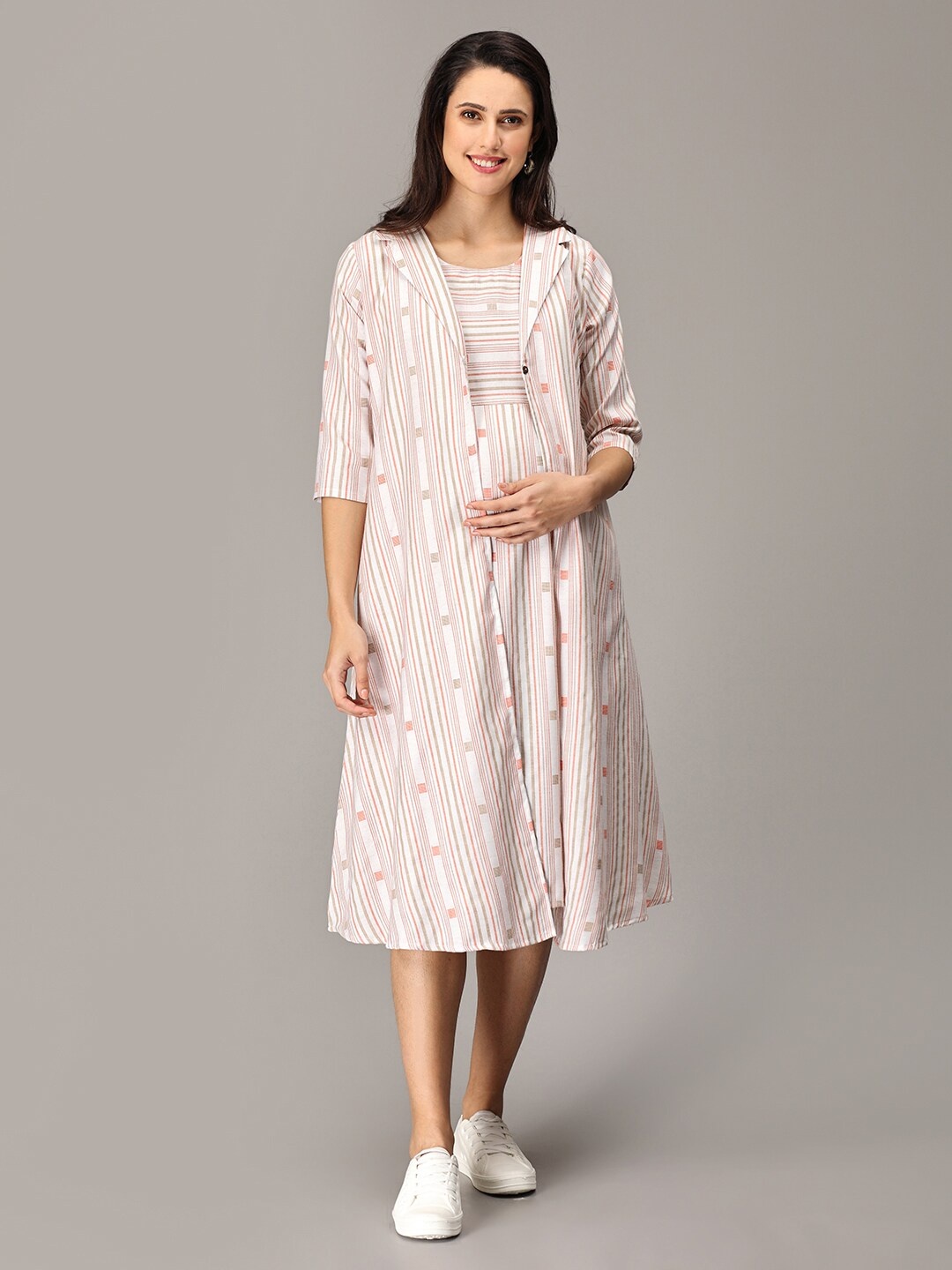 

The Mom Store Striped A-Line Midi Maternity Dress With Jacket, Orange