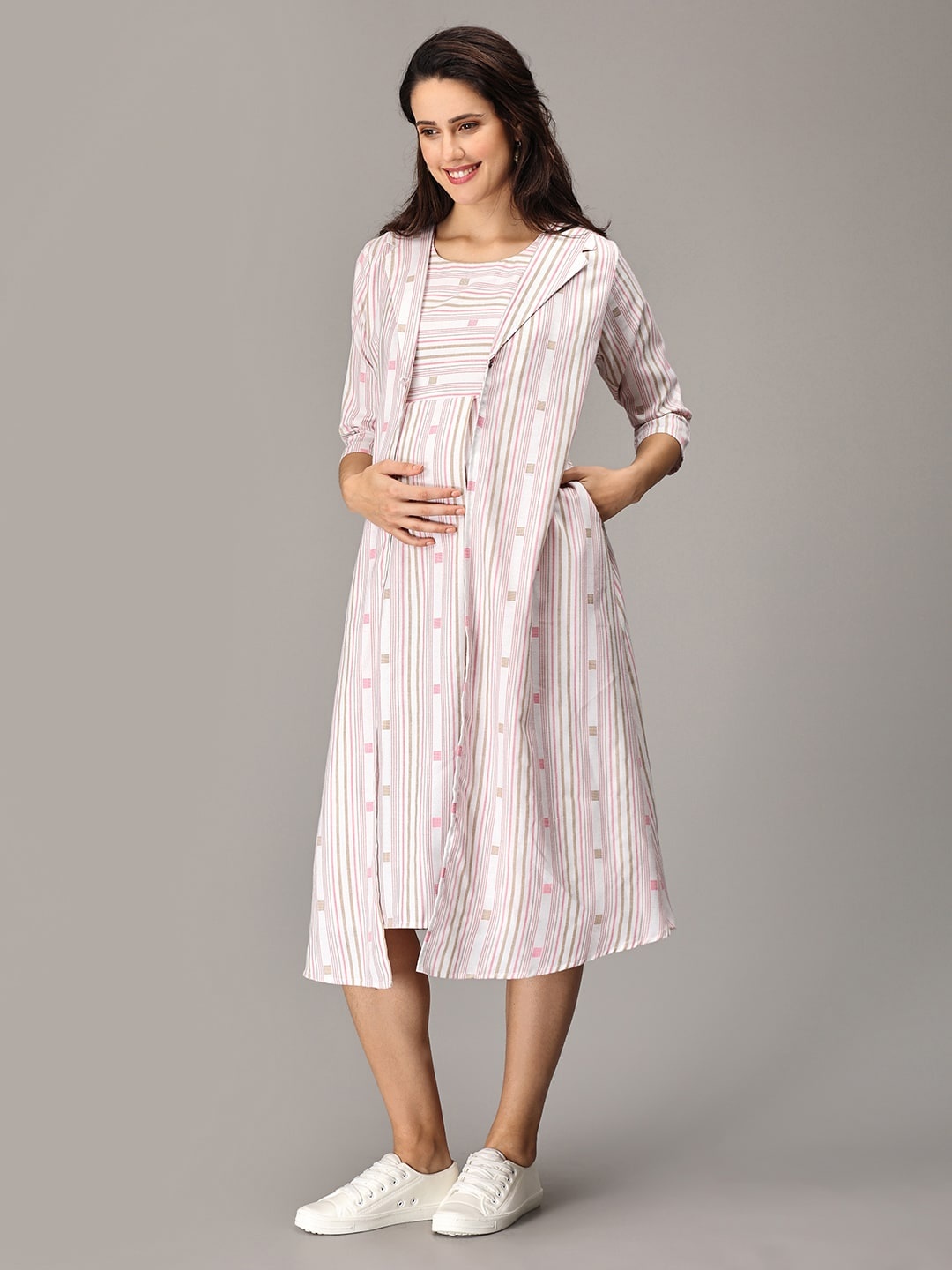 

The Mom Store Striped A-Line Cotton Maternity Midi Dress, Pink