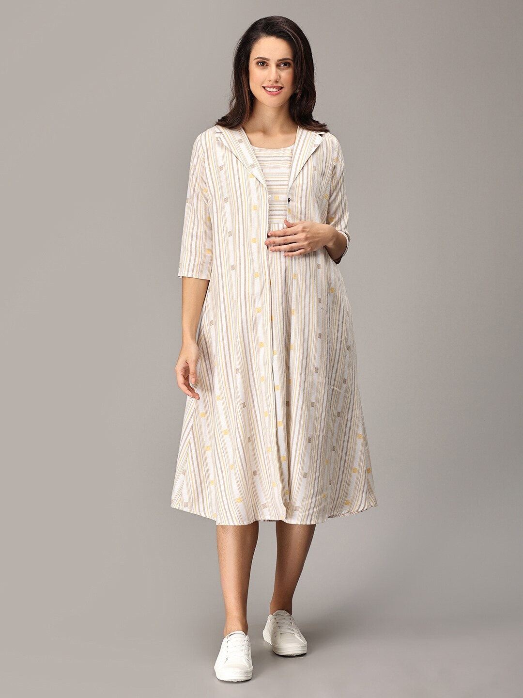 

The Mom Store Striped A-Line Cotton Maternity Midi Dress, Yellow