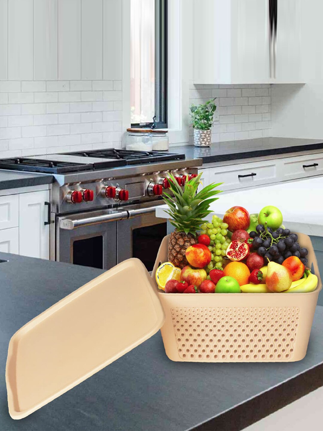 

Kuber Industries Beige Netted Design Unbreakable Square Storage Basket With Lid