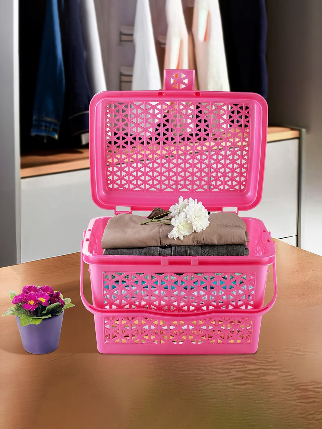 

Kuber Industries Pink Textured Storage Basket With Handles
