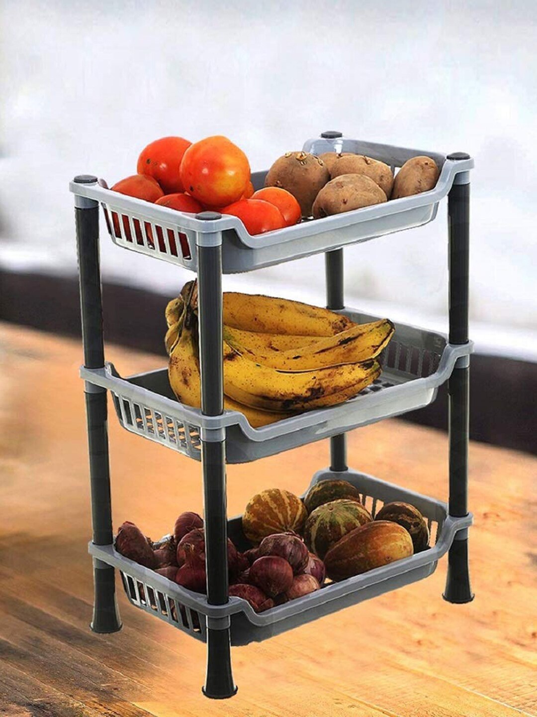 

Kuber Industries Grey 3 Layer Multi-Purpose Storage Basket Rack