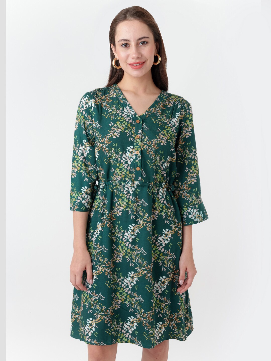 

Zink London Floral Printed A Line Dress, Green
