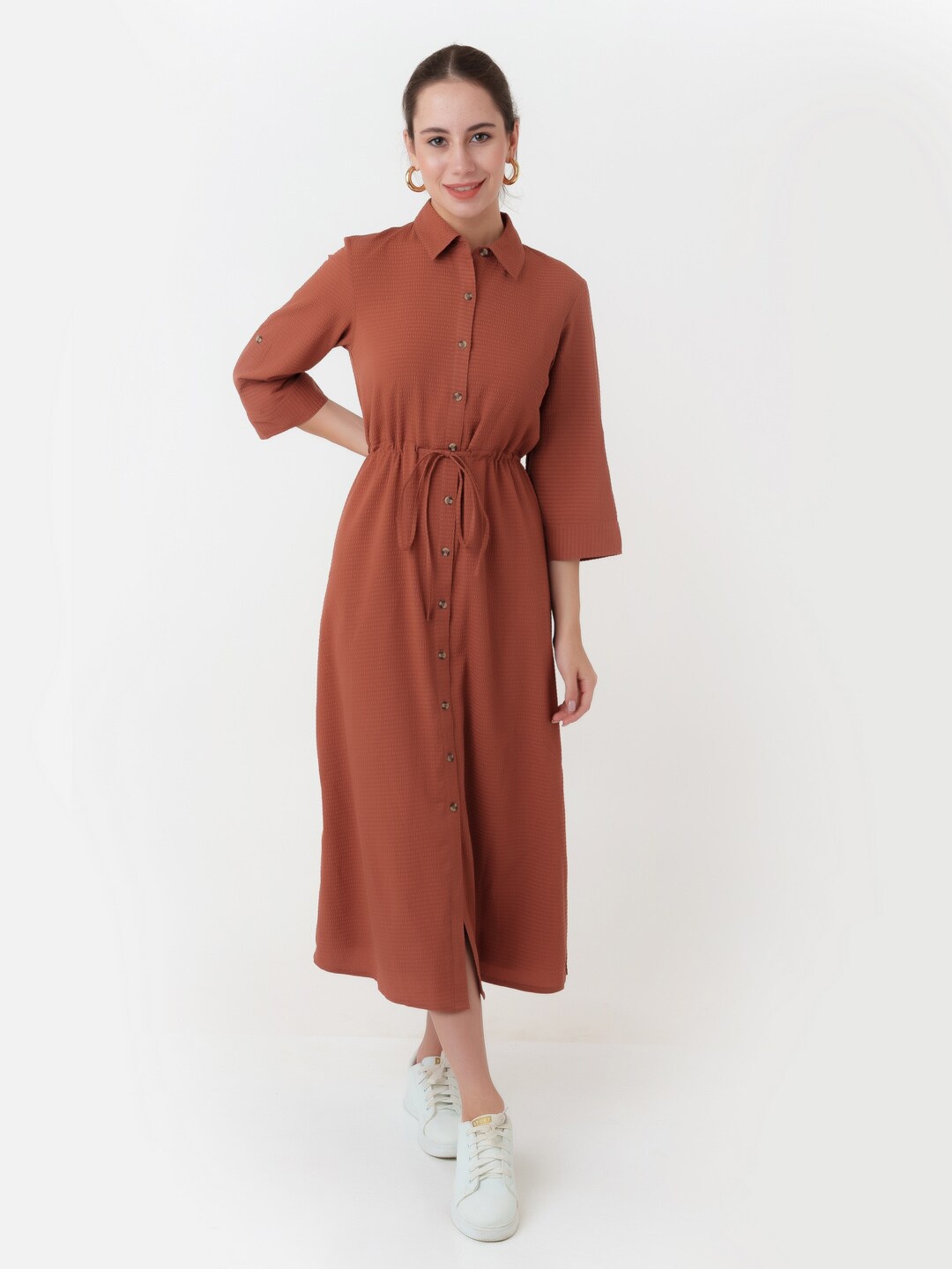 

Zink London Tie-Ups Shirt Style Midi Dress, Brown