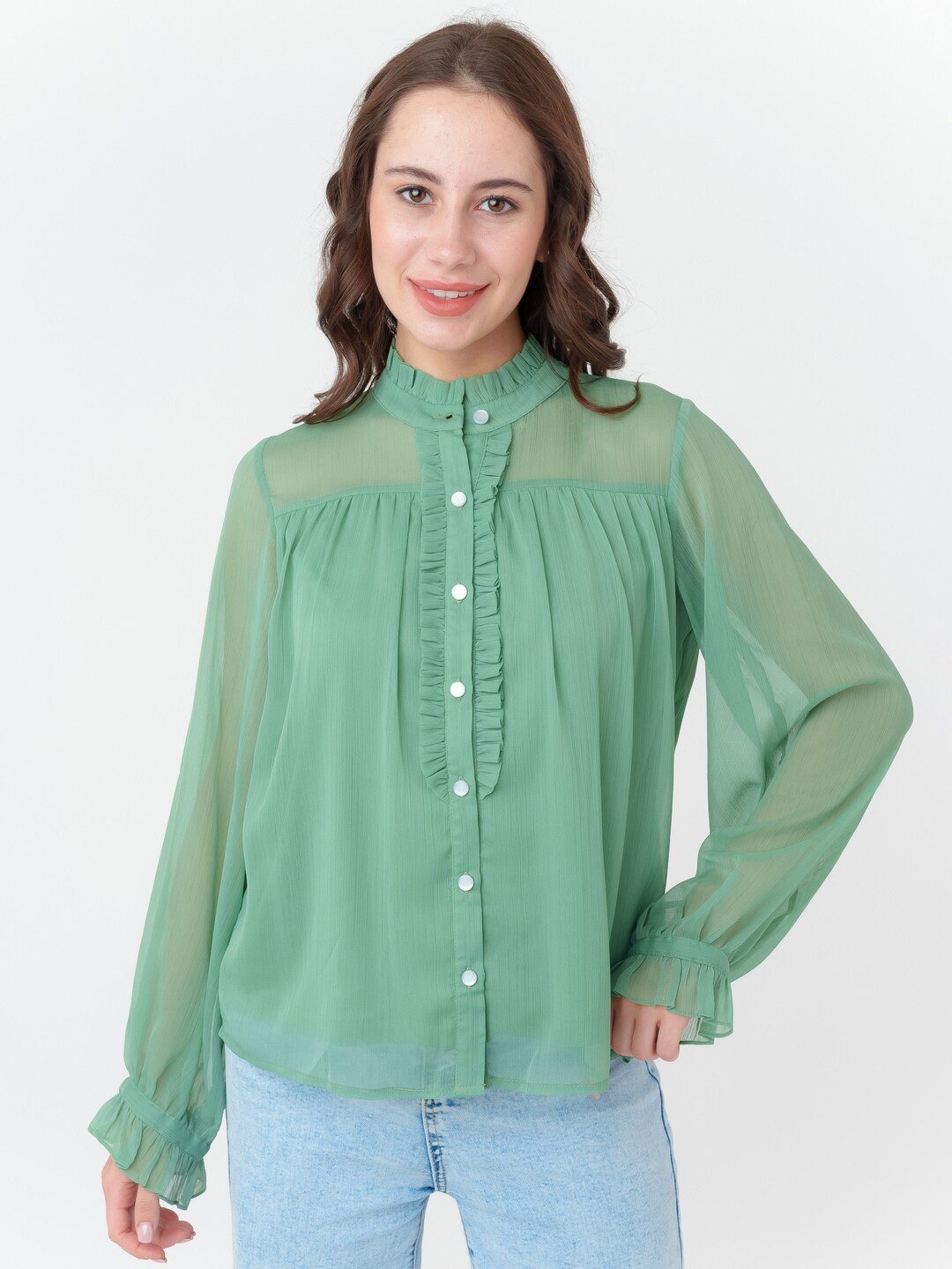 

Zink London Mandarin Collar Shirt Style Top, Green