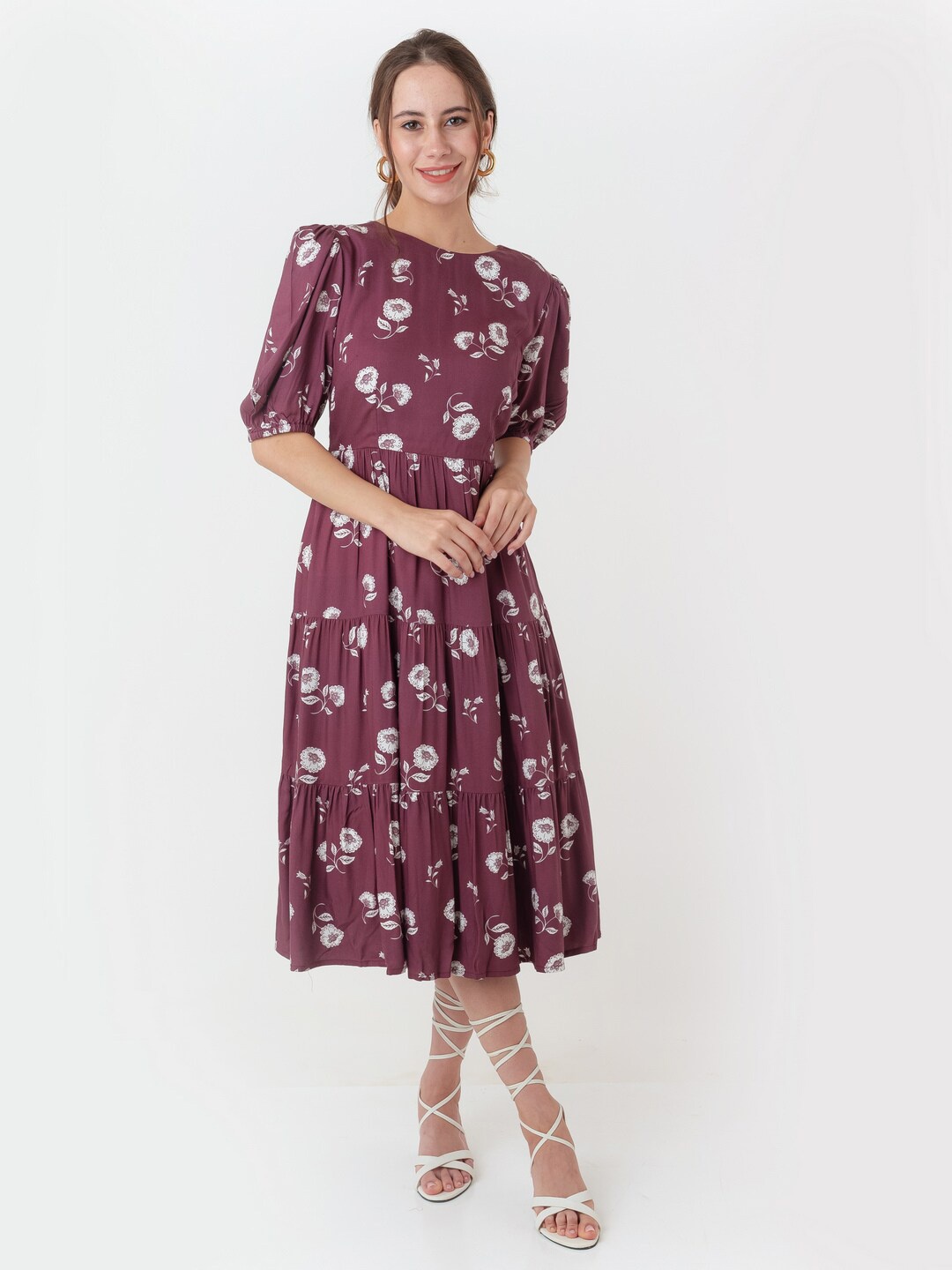 

Zink London Floral Printed A Line Dress, Maroon