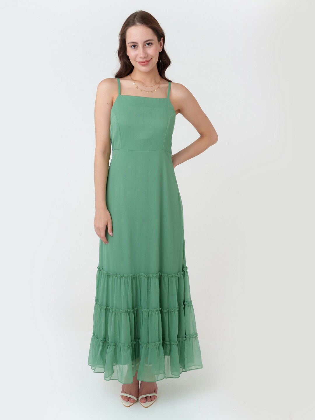 

Zink London Shoulder Straps A Line Maxi Dress, Green