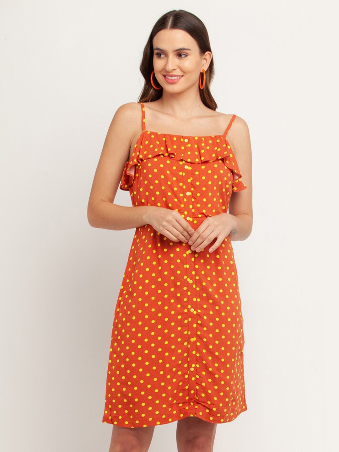 

Zink London Polka Dots Printed Ruffles A Line Dress, Orange