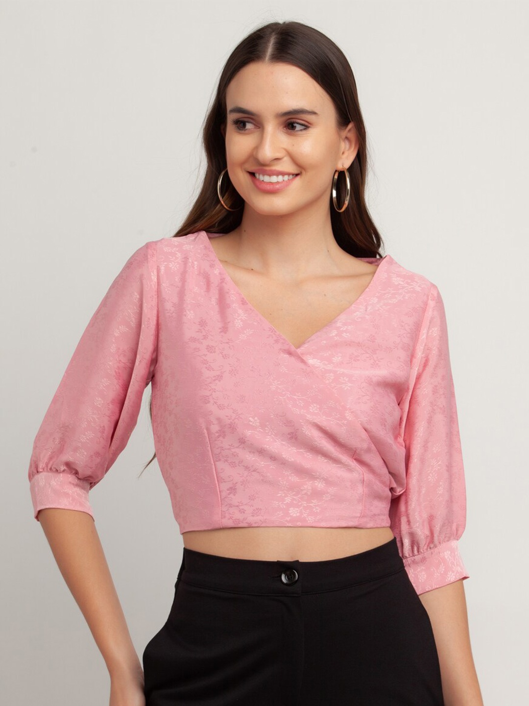 

Zink London Floral Printed Wrap Crop Top, Pink