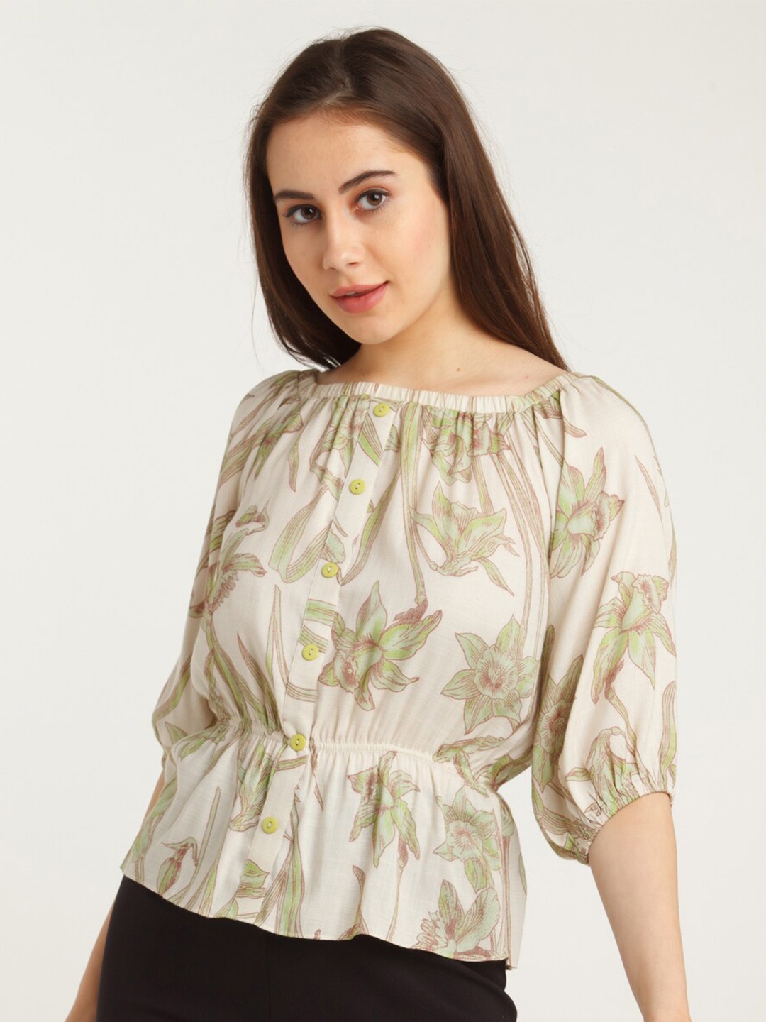 

Zink London Floral Printed Blouson Top, Off white
