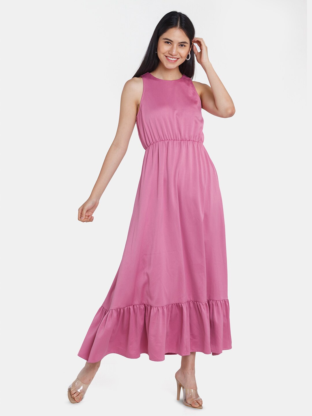 

Zink London Round Neck Fit and Flare Maxi Dress, Pink