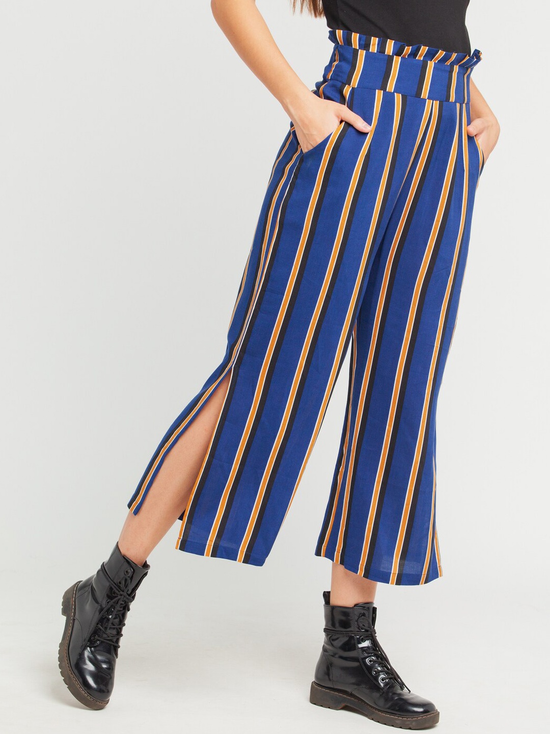 

Zink London Women Striped High-Rise Culottes Trousers, Blue