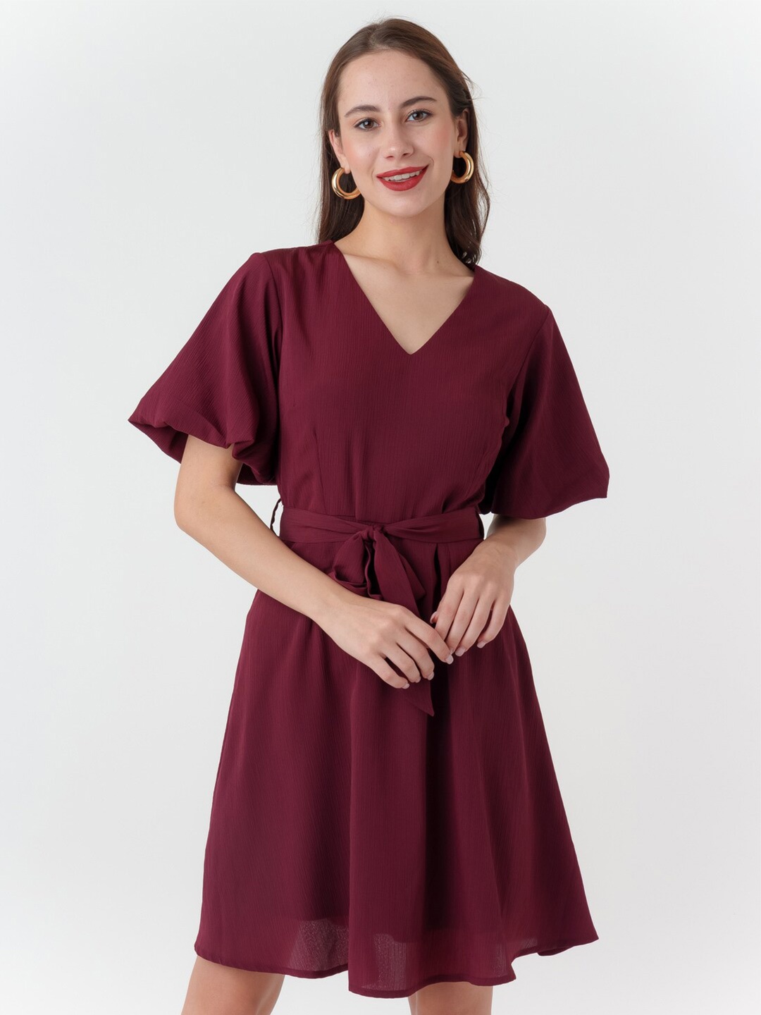 

Zink London V Neck Belted A Line Dress, Maroon