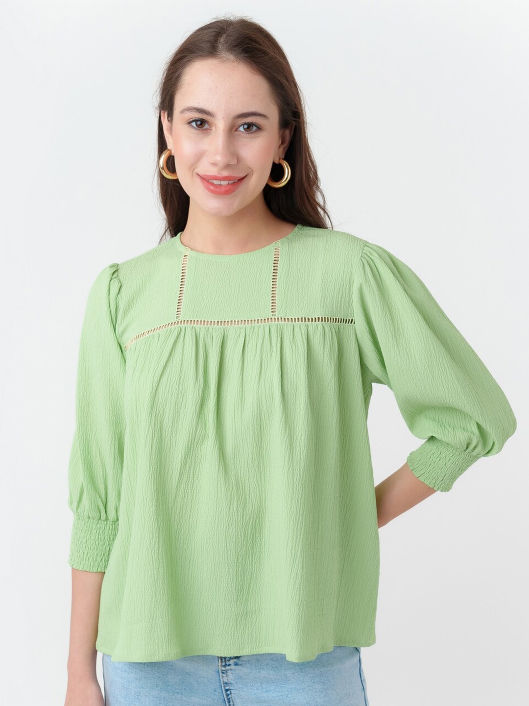 

Zink London Puffed Sleeves Cut Out A-Line Top, Green