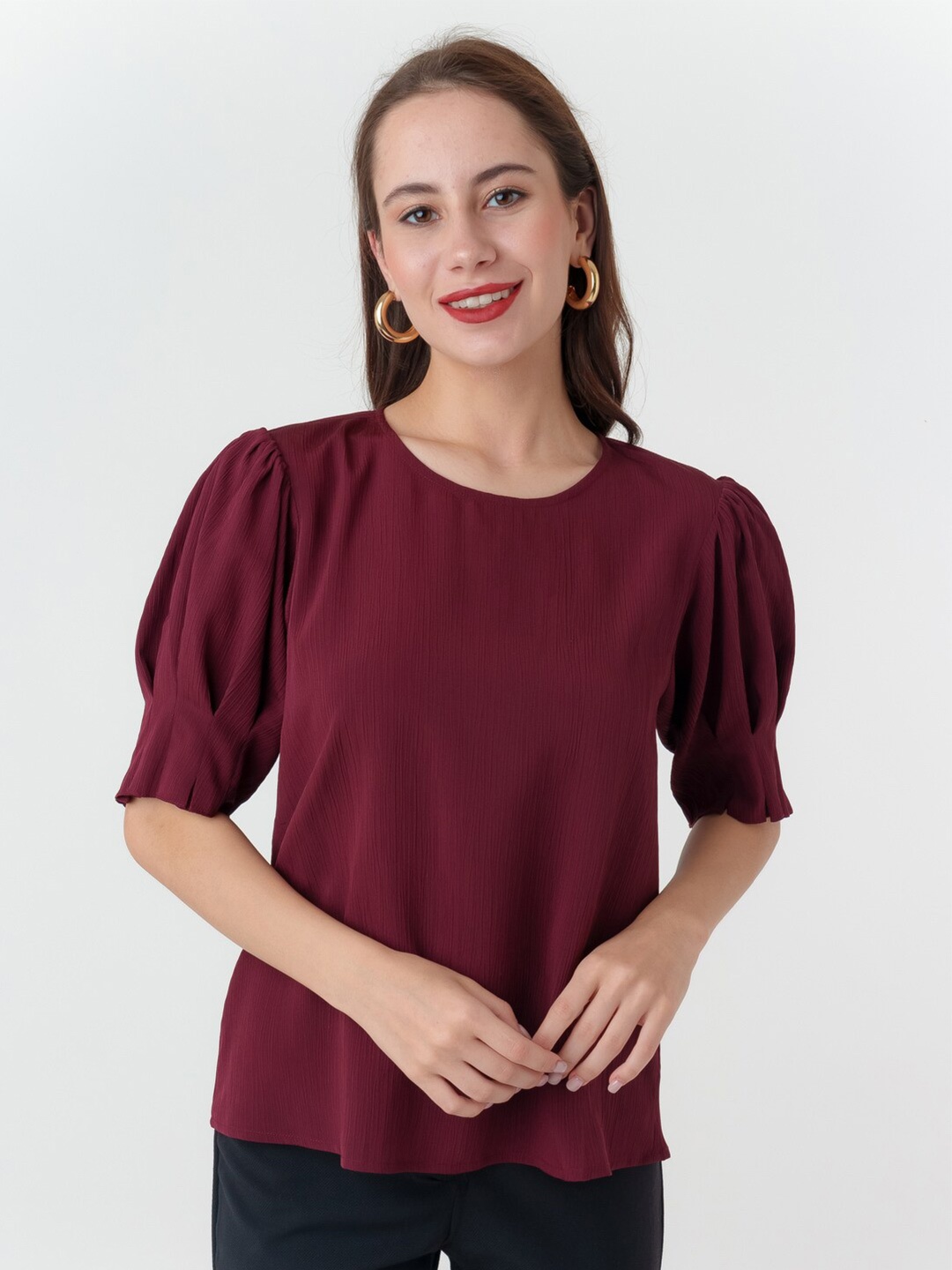 

Zink London Puff Sleeves Regular Top, Maroon