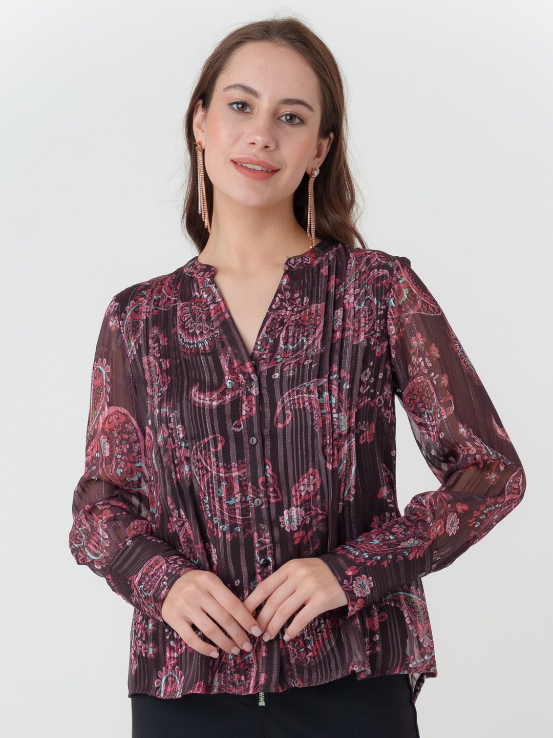 

Zink London Ethnic Motifs Printed Shirt Style Top, Brown