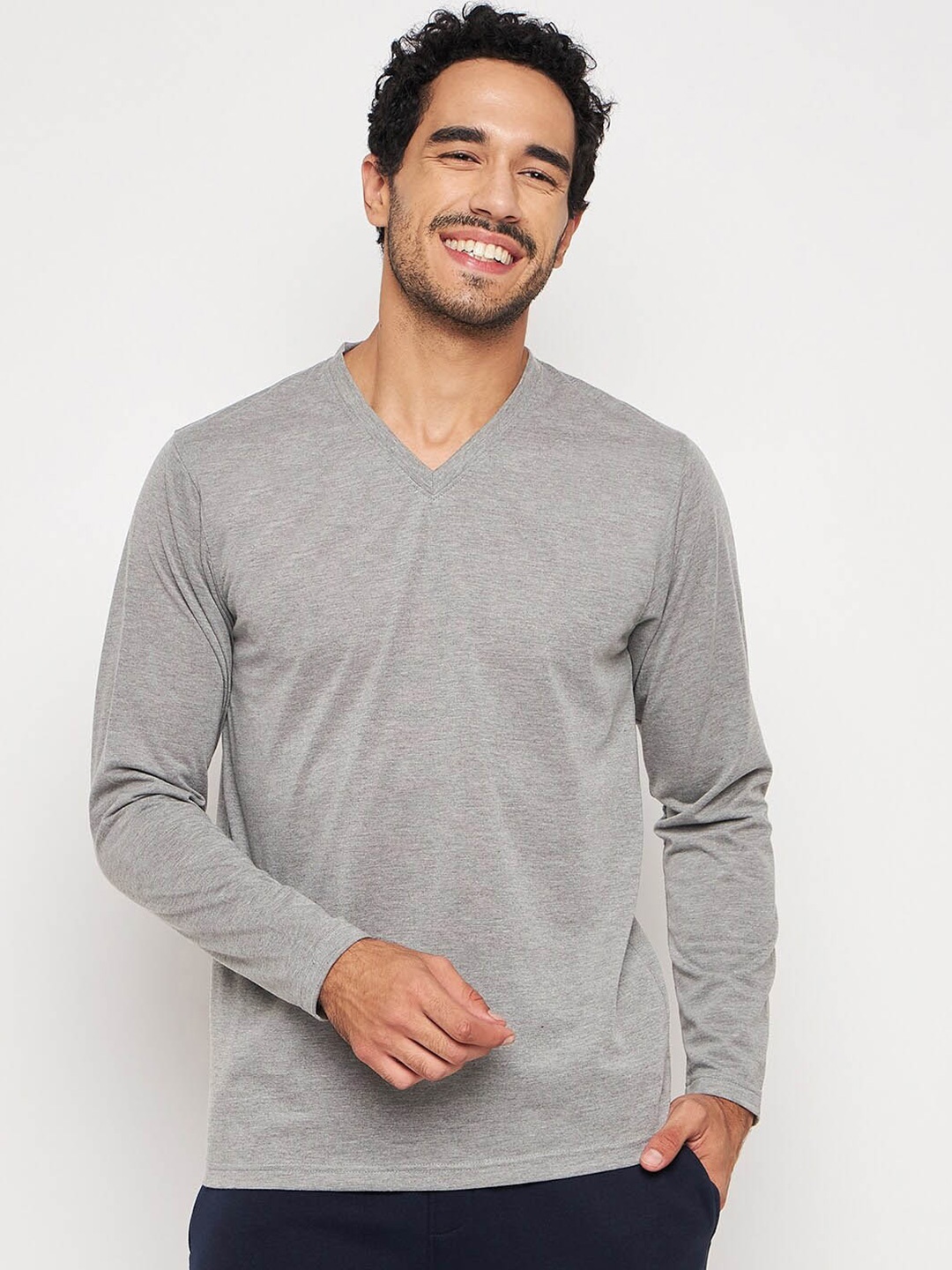 

Club York V-Neck Long Sleeves Cotton T-shirt, Grey