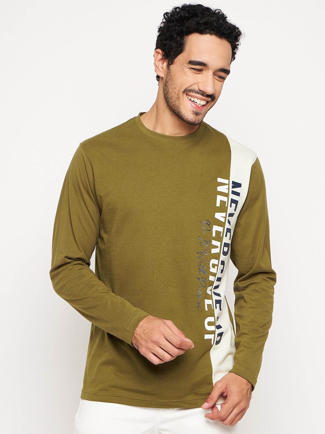 Club York Typography Printed Round Neck Cotton Casual T-shirt, Olive