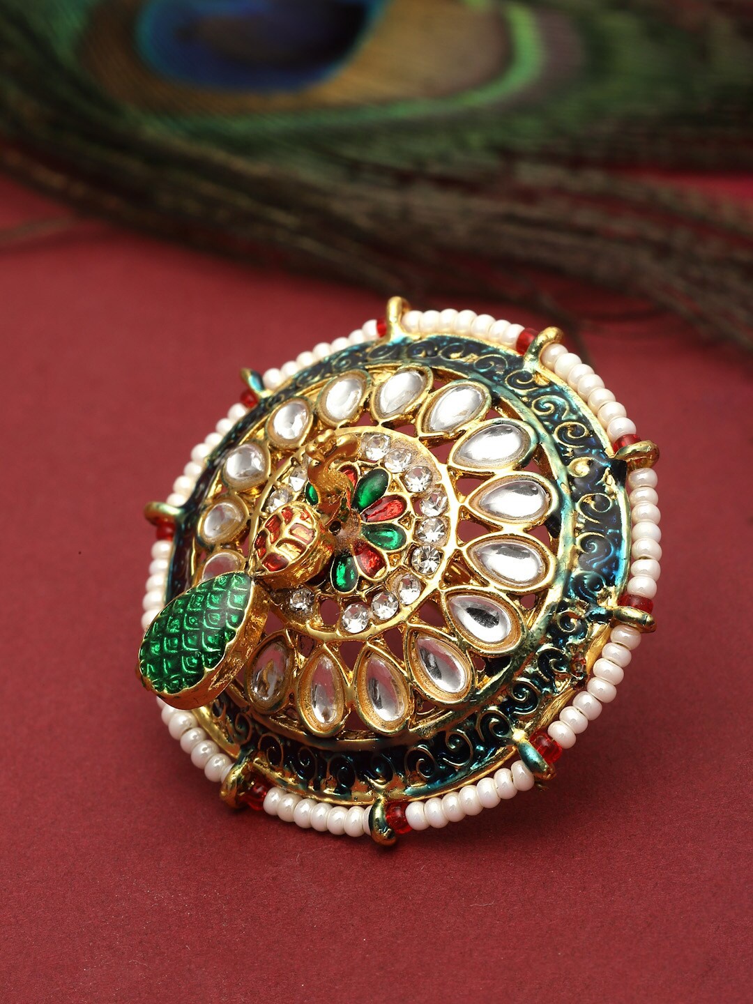 

PANASH Gold-Plated Kundan-Studded & Pearl Beaded Finger Ring