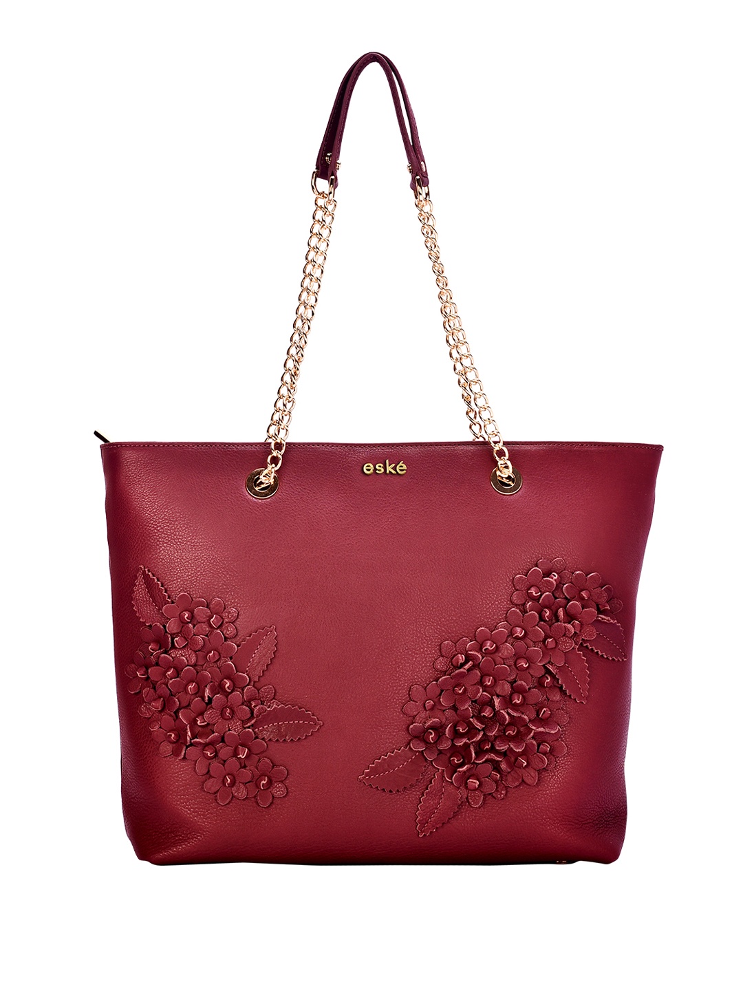 

Eske Floral Embellished Leather Structured Shoulder Bag with Applique Work, Maroon