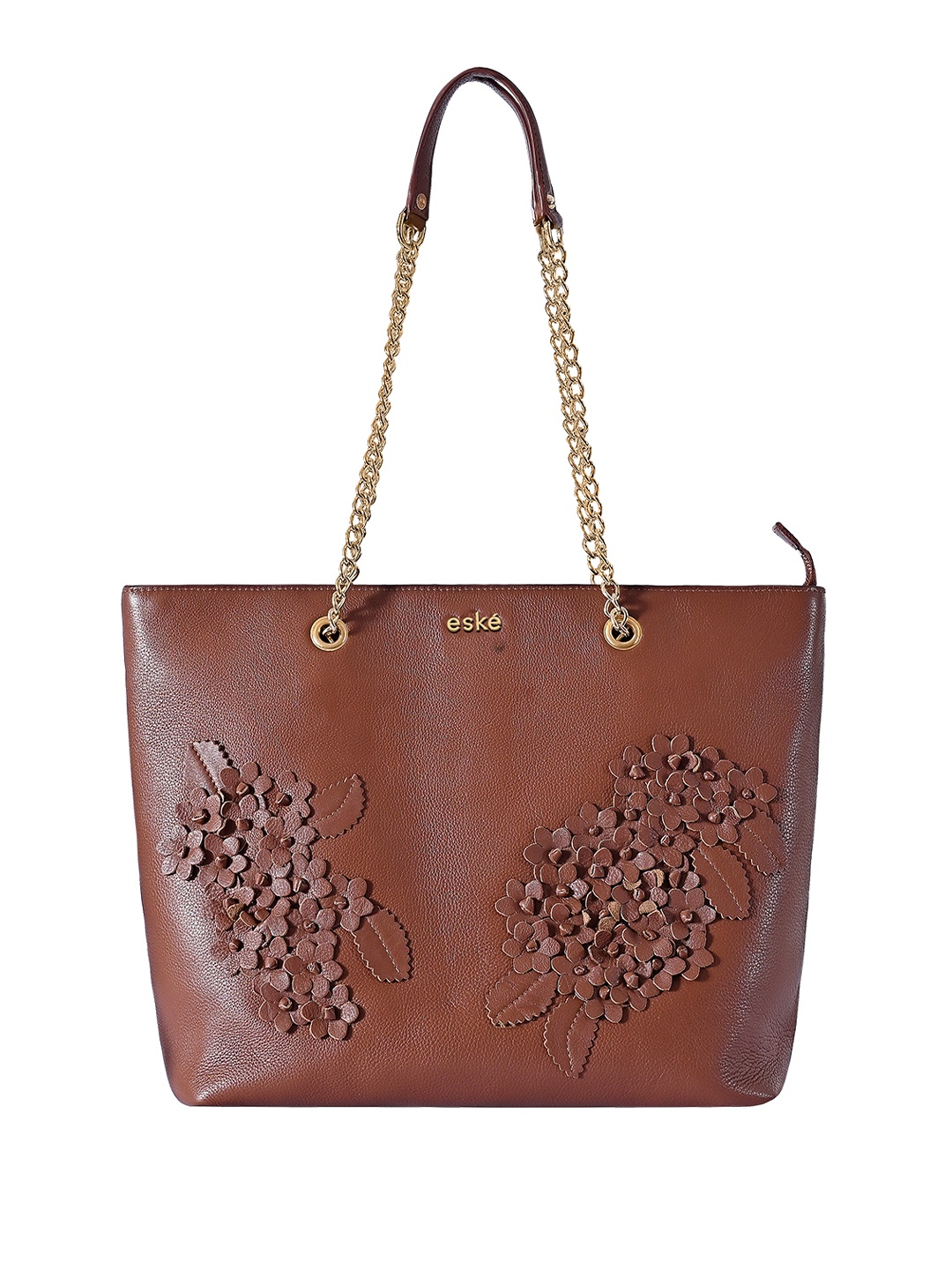 

Eske Floral Embellished Leather Structured Shoulder Bag with Applique Work, Brown