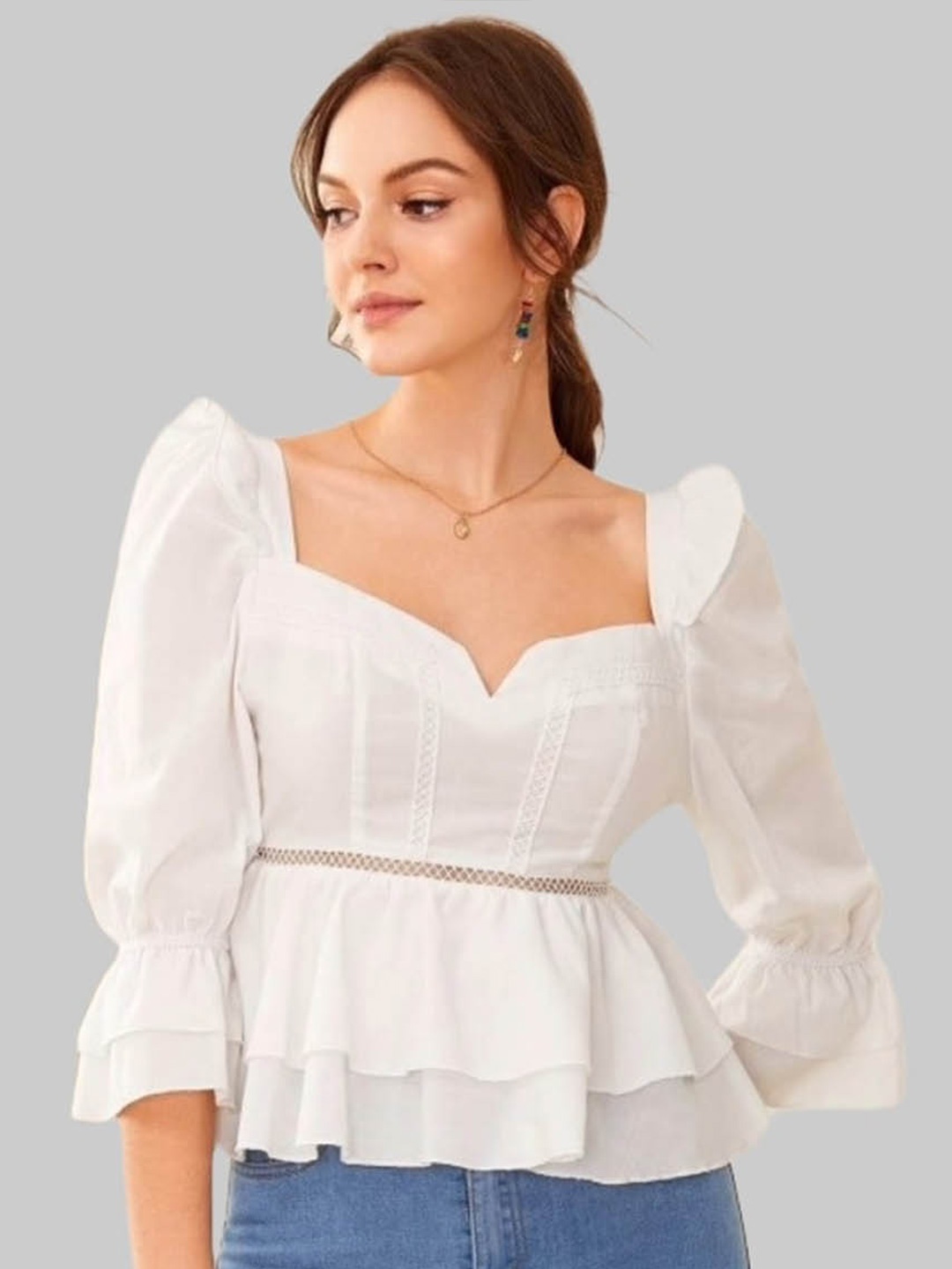 

FNOCKS Self Design Sweetheart Neck Bell Sleeve Cotton Peplum Top, White