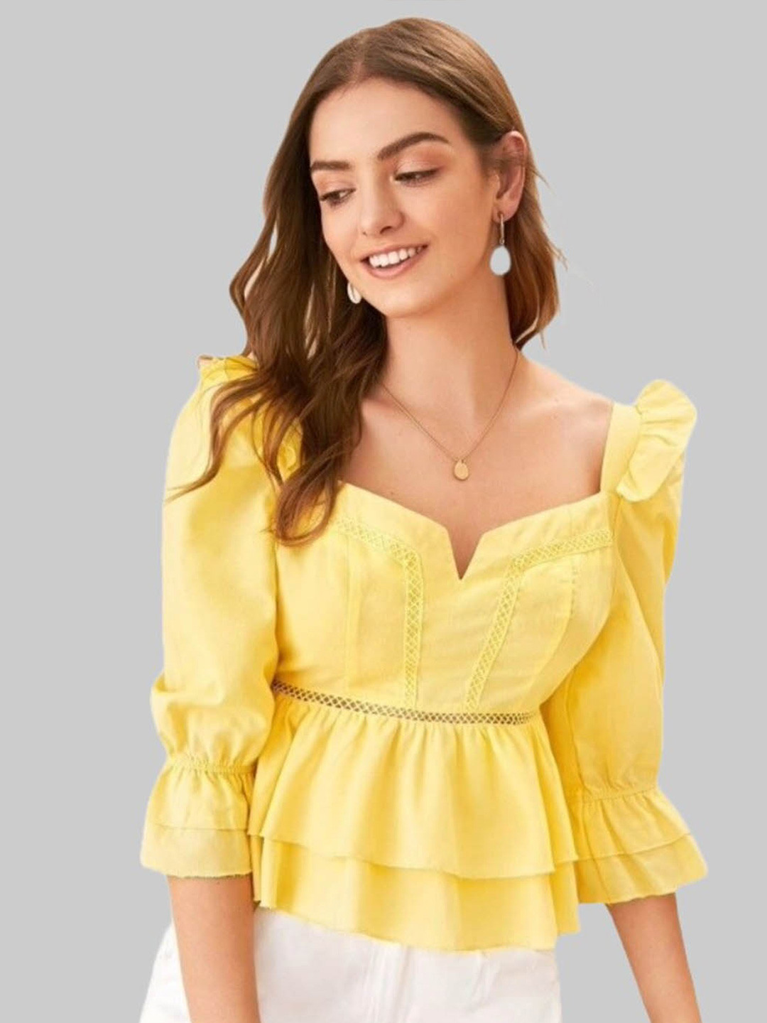

FNOCKS Self Design Sweetheart Neck Bell Sleeve Cotton Peplum Top, Yellow
