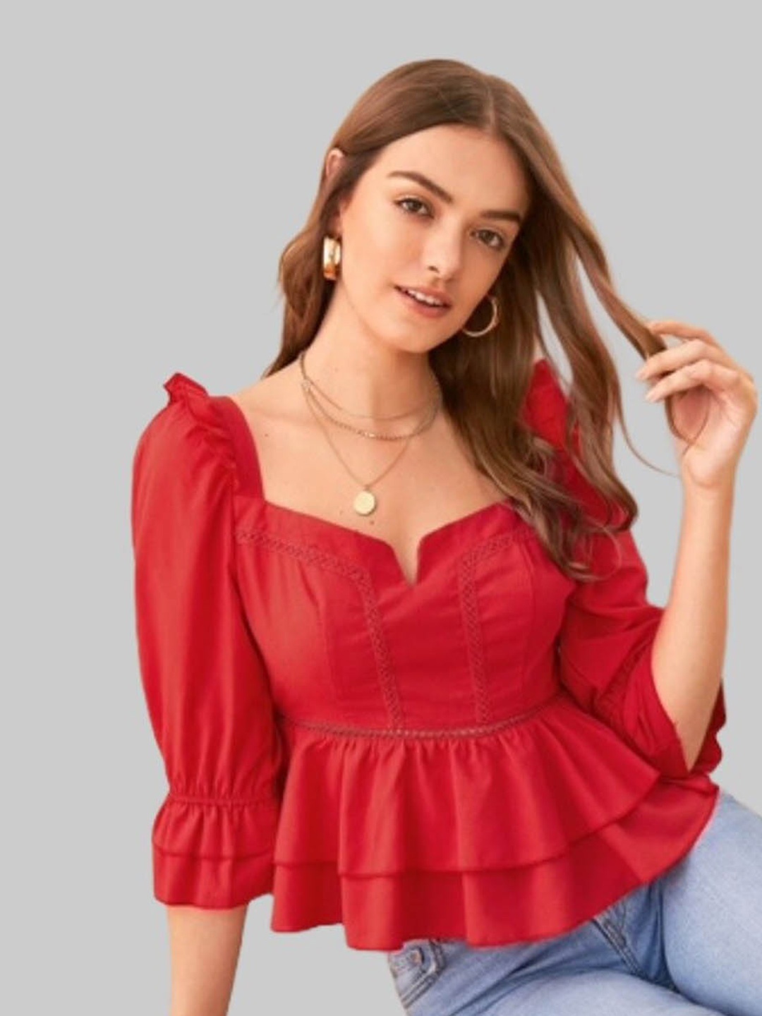 

FNOCKS Self Design Sweetheart Neck Bell Sleeve Cotton Peplum Top, Red